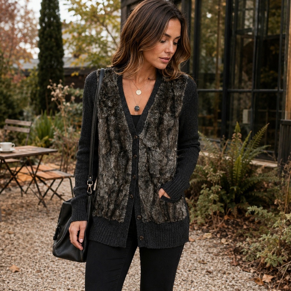 Design History Faux Fur Cardigan Womens XS Black Wool Blend Button Sweater